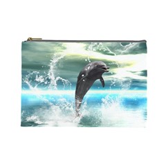 Funny Dolphin Jumping By A Heart Made Of Water Cosmetic Bag (large)  by FantasyWorld7