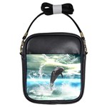 Funny Dolphin Jumping By A Heart Made Of Water Girls Sling Bags