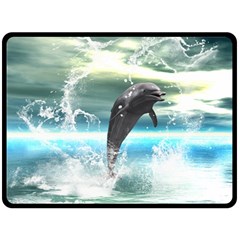 Funny Dolphin Jumping By A Heart Made Of Water Fleece Blanket (large)  by FantasyWorld7