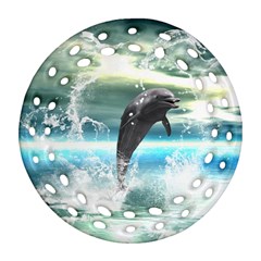 Funny Dolphin Jumping By A Heart Made Of Water Ornament (round Filigree)  by FantasyWorld7