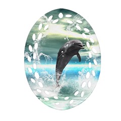 Funny Dolphin Jumping By A Heart Made Of Water Ornament (oval Filigree)  by FantasyWorld7