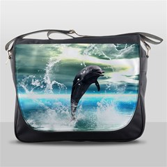 Funny Dolphin Jumping By A Heart Made Of Water Messenger Bags by FantasyWorld7