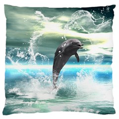 Funny Dolphin Jumping By A Heart Made Of Water Large Cushion Cases (one Side)  by FantasyWorld7