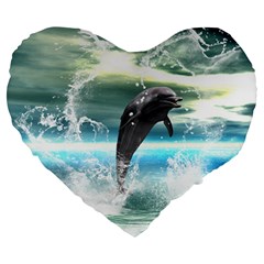 Funny Dolphin Jumping By A Heart Made Of Water Large 19  Premium Heart Shape Cushions