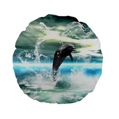 Funny Dolphin Jumping By A Heart Made Of Water Standard 15  Premium Flano Round Cushions by FantasyWorld7