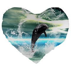 Funny Dolphin Jumping By A Heart Made Of Water Large 19  Premium Flano Heart Shape Cushions