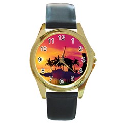 Wonderful Sunset Over The Island Round Gold Metal Watches