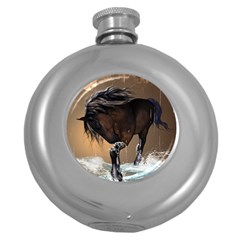 Beautiful Horse With Water Splash Round Hip Flask (5 Oz)