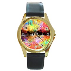 Colorful Tree Landscape Round Gold Metal Watches