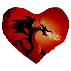 Funny, Cute Dragon With Fire Large 19  Premium Heart Shape Cushions by FantasyWorld7