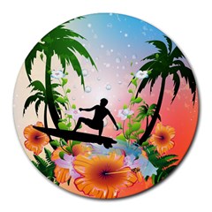 Tropical Design With Surfboarder Round Mousepads by FantasyWorld7