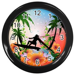 Tropical Design With Surfboarder Wall Clocks (black) by FantasyWorld7