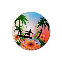 Tropical Design With Surfboarder Rubber Coaster (round)  by FantasyWorld7