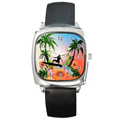 Tropical Design With Surfboarder Square Metal Watches by FantasyWorld7