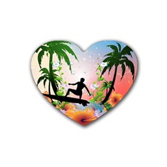 Tropical Design With Surfboarder Rubber Coaster (heart)  by FantasyWorld7