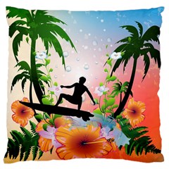 Tropical Design With Surfboarder Large Cushion Cases (one Side)  by FantasyWorld7