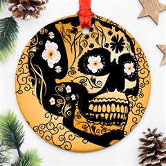 Sugar Skull In Black And Yellow Ornament (round)  by FantasyWorld7