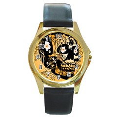 Sugar Skull In Black And Yellow Round Gold Metal Watches by FantasyWorld7