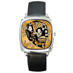 Sugar Skull In Black And Yellow Square Metal Watches by FantasyWorld7