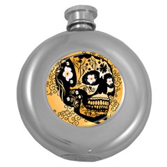 Sugar Skull In Black And Yellow Round Hip Flask (5 Oz) by FantasyWorld7