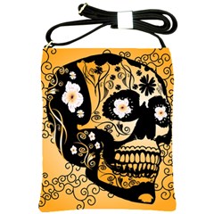 Sugar Skull In Black And Yellow Shoulder Sling Bags by FantasyWorld7