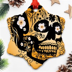 Sugar Skull In Black And Yellow Snowflake Ornament (2-side) by FantasyWorld7