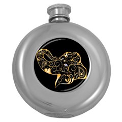 Beautiful Elephant Made Of Golden Floral Elements Round Hip Flask (5 Oz) by FantasyWorld7