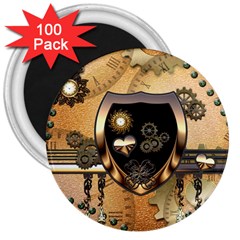 Steampunk, Shield With Hearts 3  Magnets (100 Pack)