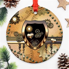 Steampunk, Shield With Hearts Round Ornament (two Sides)  by FantasyWorld7