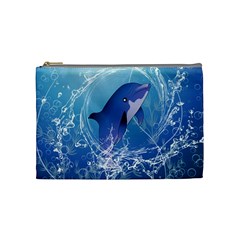 Cute Dolphin Jumping By A Circle Amde Of Water Cosmetic Bag (medium)  by FantasyWorld7