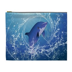 Cute Dolphin Jumping By A Circle Amde Of Water Cosmetic Bag (xl) by FantasyWorld7