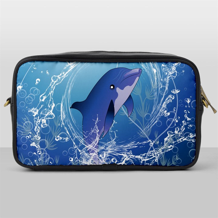 Cute Dolphin Jumping By A Circle Amde Of Water Toiletries Bags