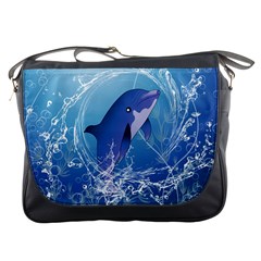 Cute Dolphin Jumping By A Circle Amde Of Water Messenger Bags by FantasyWorld7