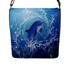 Cute Dolphin Jumping By A Circle Amde Of Water Flap Messenger Bag (l)  by FantasyWorld7