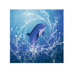 Cute Dolphin Jumping By A Circle Amde Of Water Small Satin Scarf (square)  by FantasyWorld7