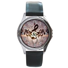 Music, Wonderful Clef With Floral Elements Round Metal Watches by FantasyWorld7