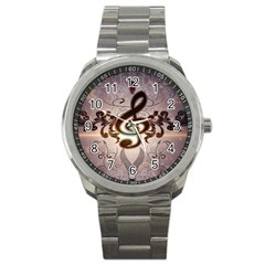 Music, Wonderful Clef With Floral Elements Sport Metal Watches by FantasyWorld7