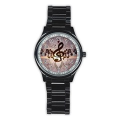 Music, Wonderful Clef With Floral Elements Stainless Steel Round Watches by FantasyWorld7