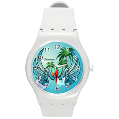 Summer Design With Cute Parrot And Palms Round Plastic Sport Watch (m)