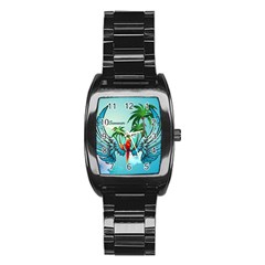 Summer Design With Cute Parrot And Palms Stainless Steel Barrel Watch