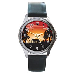 The Lonely Wolf In The Sunset Round Metal Watches