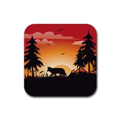 The Lonely Wolf In The Sunset Rubber Coaster (square)  by FantasyWorld7