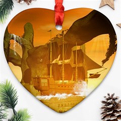 Awesome Sunset Over The Ocean With Ship Heart Ornament (2 Sides) by FantasyWorld7