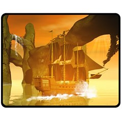 Awesome Sunset Over The Ocean With Ship Double Sided Fleece Blanket (medium)  by FantasyWorld7