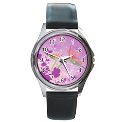 Wonderful Flowers On Soft Purple Background Round Metal Watches