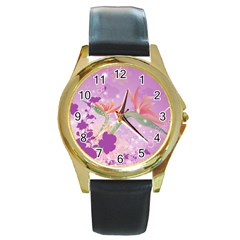 Wonderful Flowers On Soft Purple Background Round Gold Metal Watches