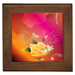 Beautiful Roses With Dragonflies Framed Tiles by FantasyWorld7