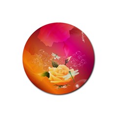 Beautiful Roses With Dragonflies Rubber Round Coaster (4 Pack)  by FantasyWorld7