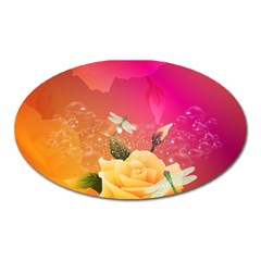 Beautiful Roses With Dragonflies Oval Magnet by FantasyWorld7