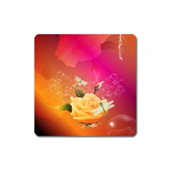 Beautiful Roses With Dragonflies Square Magnet by FantasyWorld7